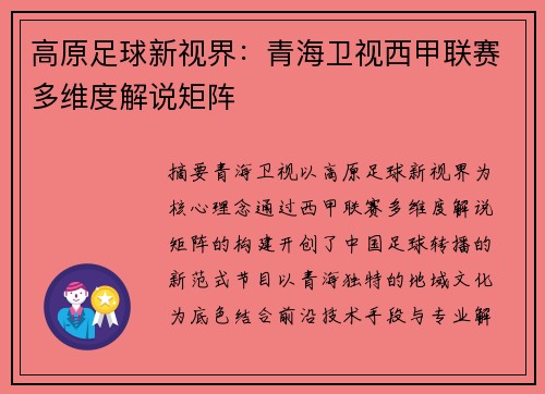 高原足球新视界：青海卫视西甲联赛多维度解说矩阵
