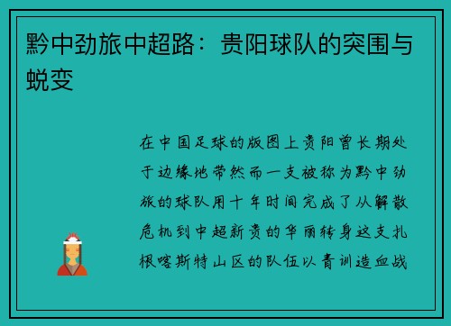 黔中劲旅中超路：贵阳球队的突围与蜕变